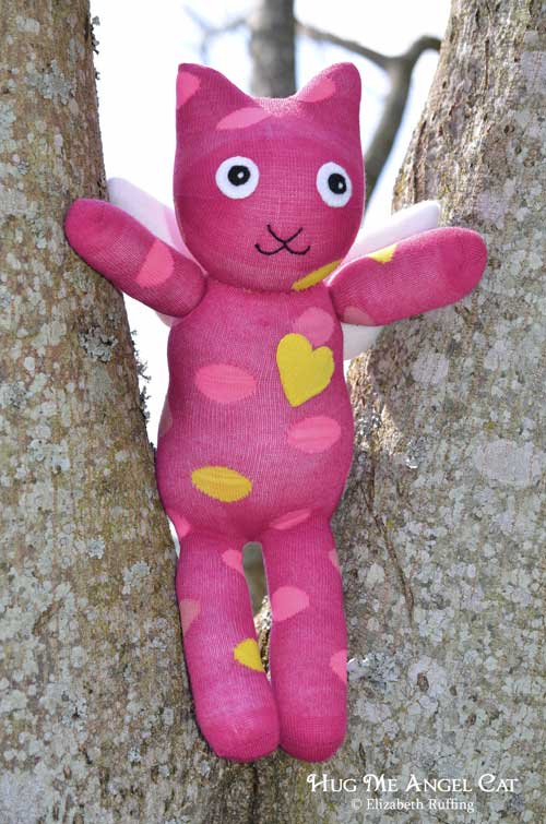 Magenta Hug Me Angel Cat Sock Kitten with yellow and pink polka dots, original art toy by Elizabeth Ruffing