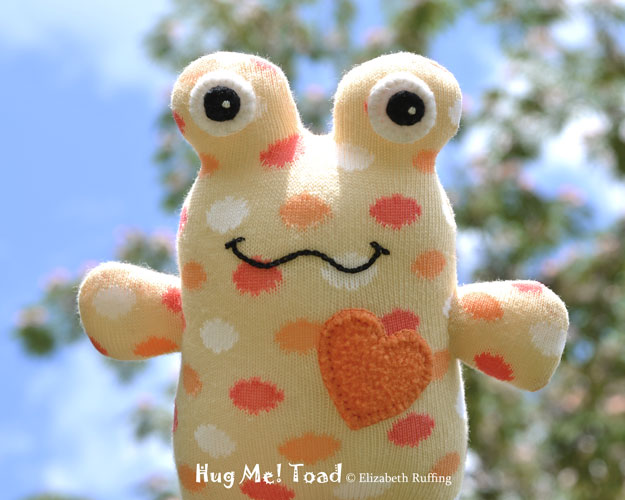 Soft Yellow and Orange Hug Me Sock Toad, with polka dots, original art toys by Elizabeth Ruffing