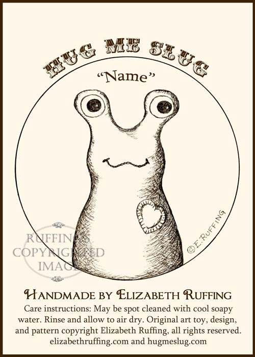 Slugterra and my hang tag for my Hug Me Slugs, original stuffed animal art toy by Elizabeth Ruffing