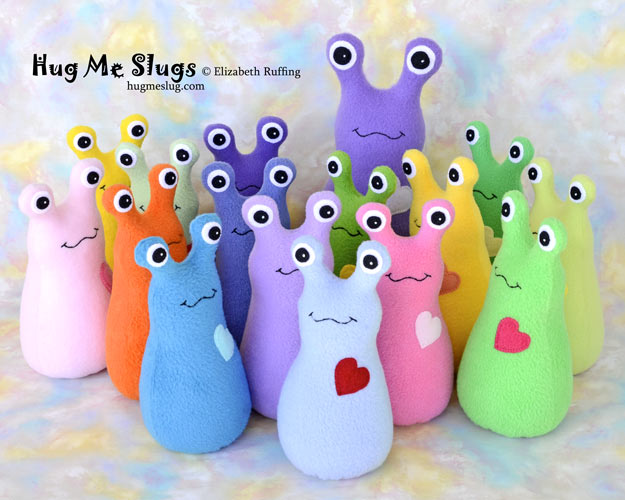 Hug Me Slugs handmade fleece stuffed animal banana slug art toys by Elizabeth Ruffing