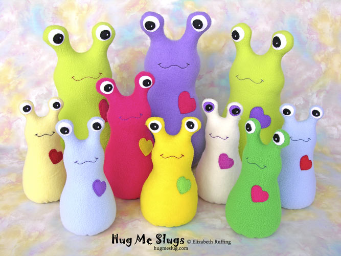 Slugterra and multicolored Hug Me Slugs, original stuffed animal art toys by Elizabeth Ruffing