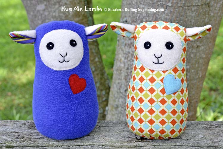 Plush Stuffed Animal Art Toys, Hug Me Lambs by Elizabeth Ruffing, in royal blue and a diamond pattern