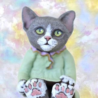 Louellen, gray-and-white orignal, one-of-a-kind handmade miniature cat doll figurine by Max Bailey