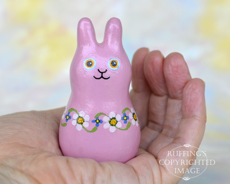Maisie Maybunny, original, one-of-a-kind miniature handmade mauve-pink floral bunny rabbit art doll figurine by artist Elizabeth Ruffing