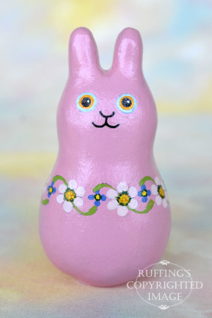Maisie Maybunny, original, one-of-a-kind miniature handmade mauve-pink floral bunny rabbit art doll figurine by artist Elizabeth Ruffing