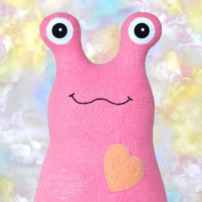Handmade Medium Pink Hug Me Slug Stuffed Animal Plush Art Toy, Soft Orange Heart, 12 inch