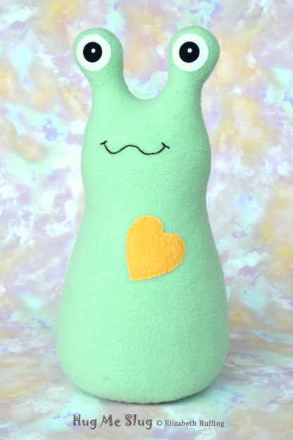 Handmade Aqua Hug Me Slug Stuffed Animal Plush Art Toy, Daffodil Yellow Heart, 12 inch