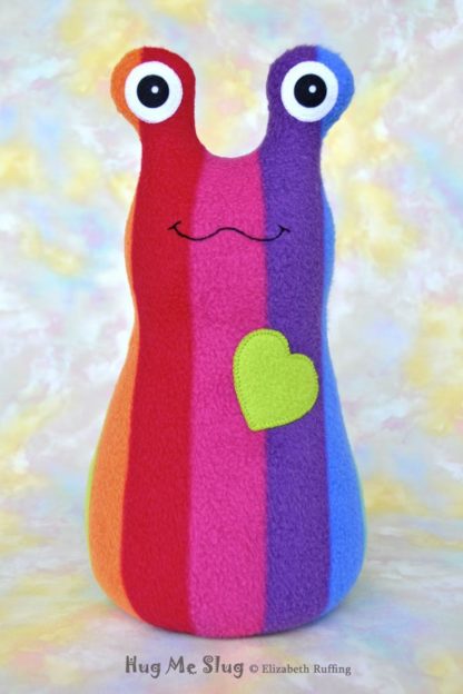 Handmade Rainbow Striped Hug Me Slug Stuffed Animal Plush Art Toy, Apple Green Heart