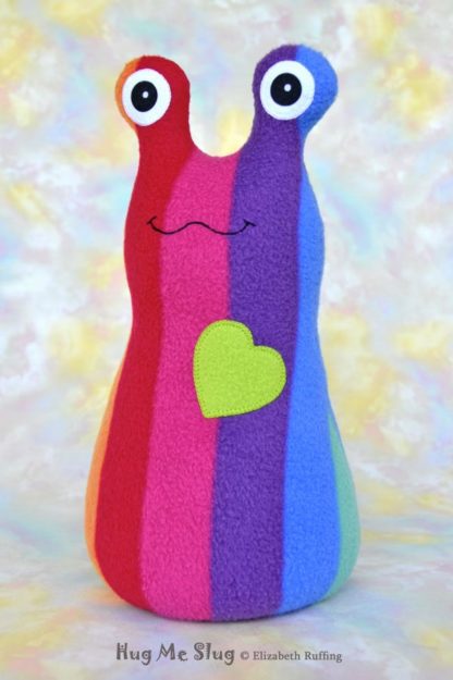 Handmade Rainbow Striped Hug Me Slug Stuffed Animal Plush Art Toy, Apple Green Heart