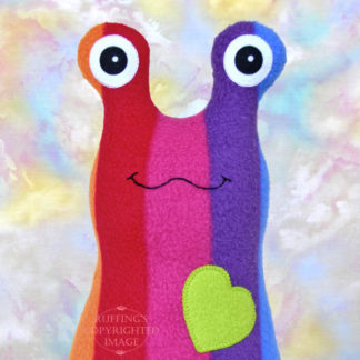 Handmade Rainbow Striped Hug Me Slug Stuffed Animal Plush Art Toy, Apple Green Heart