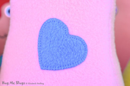 Handmade Lavender-pink Hug Me Slug Stuffed Animal Plush Art Toy, Periwinkle Blue Heart, 12 inch, heart detail