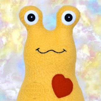 Hug Me Slug Stuffed Banana Slug Plush Toy Art, Golden Yellow Fleece, Red Heart, Personalized Tag, 7 inch