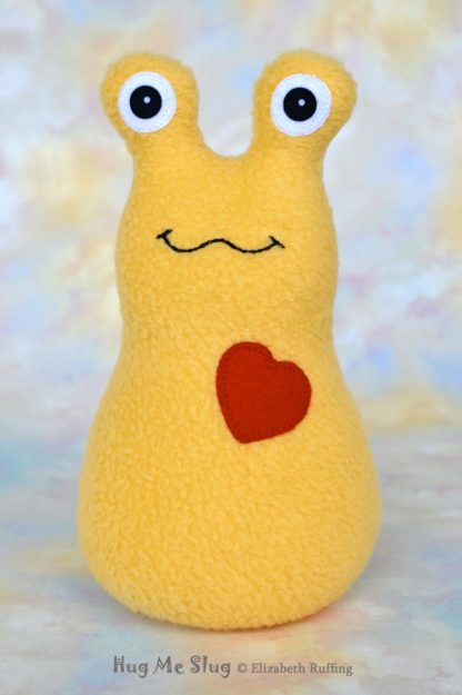 Hug Me Slug Stuffed Banana Slug Plush Toy Art, Golden Yellow Fleece, Red Heart, Personalized Tag, 7 inch
