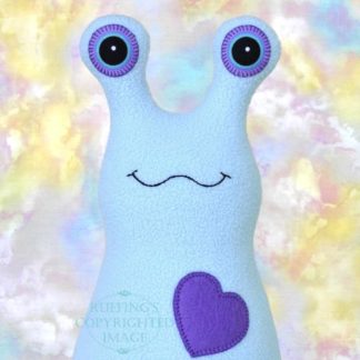 Hug Me Slug, Light Blue, Purple Heart, 12 inch, handmade fleece banana slug by artist Elizabeth Ruffing