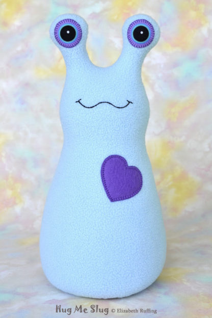 Hug Me Slug, Light Blue , Purple Heart, 12 inch, handmade stuffed animal banana slug art toys by artist Elizabeth Ruffing