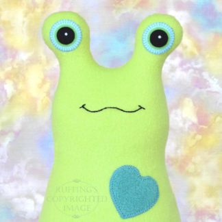 Hug Me Slug, Pear Green , Teal Heart, 12 inch, handmade stuffed animal banana slug art toys by artist Elizabeth Ruffing