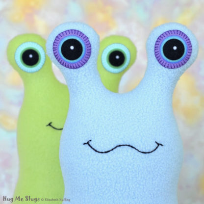 Hug Me Slug, Pear Green , Light Blue, 12 inch, handmade stuffed animal banana slug art toys by artist Elizabeth Ruffing