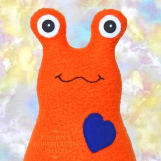 Handmade Orange Fleece Hug Me slug plush toy, royal blue heart, 7 inches, by artist Elizabeth Ruffing