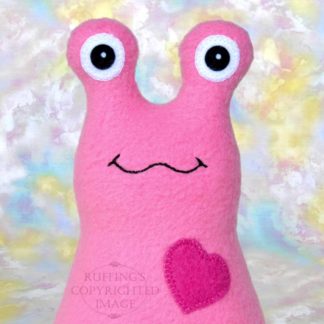 Handmade Medium Pink Fleece Hug Me slug plush toy, royal blue heart, 7 inches, by artist Elizabeth Ruffing