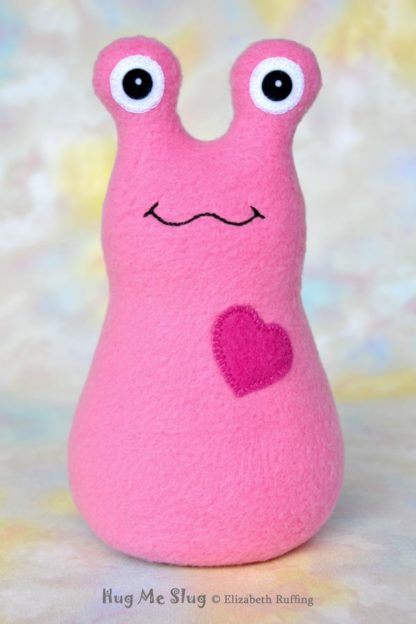 Handmade Medium Pink Fleece Hug Me slug plush toy, royal blue heart, 7 inches, by artist Elizabeth Ruffing