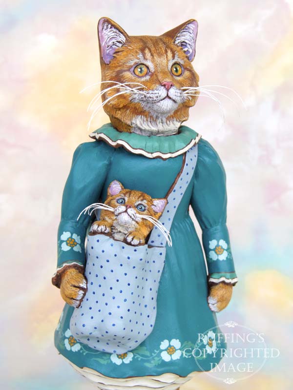 Original Cat Art Doll Figurine Ginger Tabby Maine Coon With Kitten 