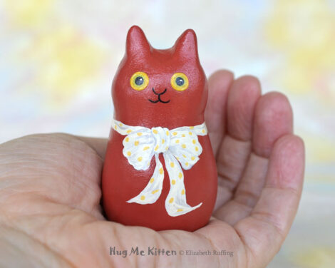 Nell, original one-of-a-kind cat art doll figurine, red cat with bow, handmade by artist Elizabeth Ruffing