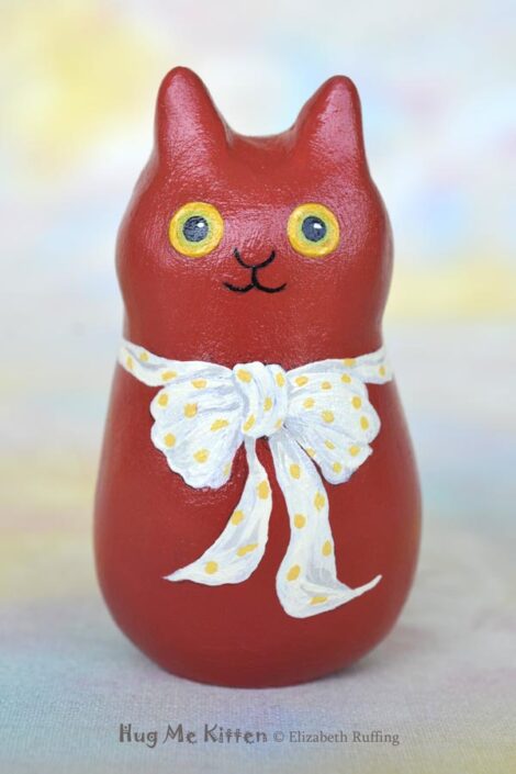 Nell, original one-of-a-kind cat art doll figurine, red cat with bow, handmade by artist Elizabeth Ruffing