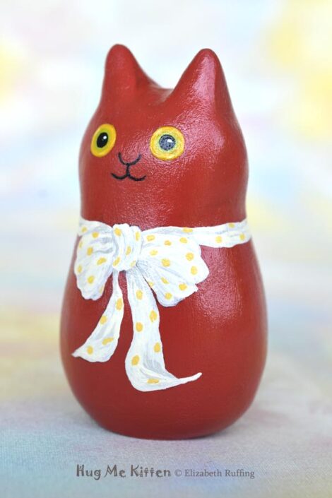 Nell, original one-of-a-kind cat art doll figurine, red cat with bow, handmade by artist Elizabeth Ruffing