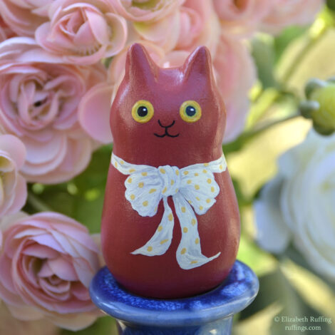Nell, red cat with a bow art doll figurine handmade by artist Elizabeth Ruffing