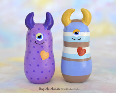 Hug Me Monster art doll figurine, tan and blue striped, Durwin handmade by artist Elizabeth Ruffing