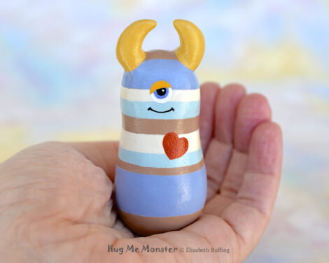 Hug Me Monster art doll figurine, tan and blue striped, Durwin handmade by artist Elizabeth Ruffing