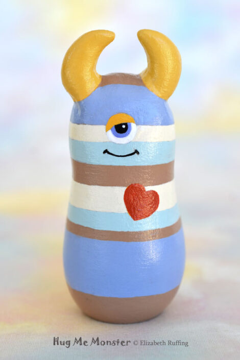 Hug Me Monster art doll figurine, tan and blue striped, Durwin handmade by artist Elizabeth Ruffing
