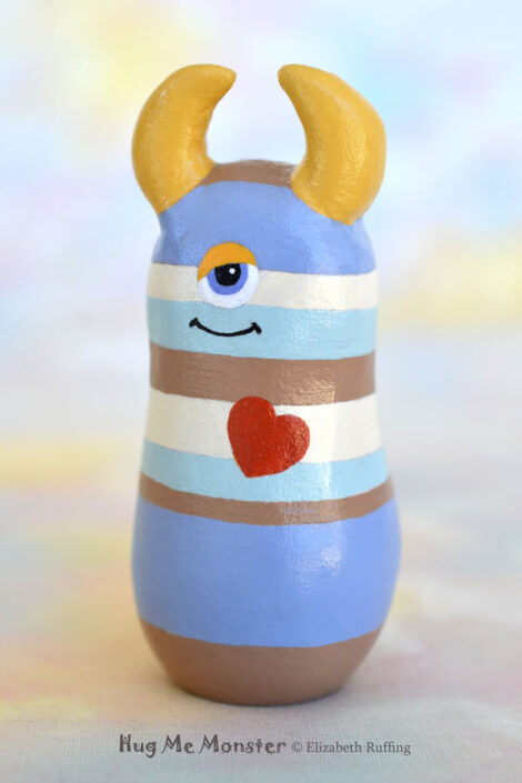 Hug Me Monster art doll figurine, tan and blue striped, Durwin handmade by artist Elizabeth Ruffing