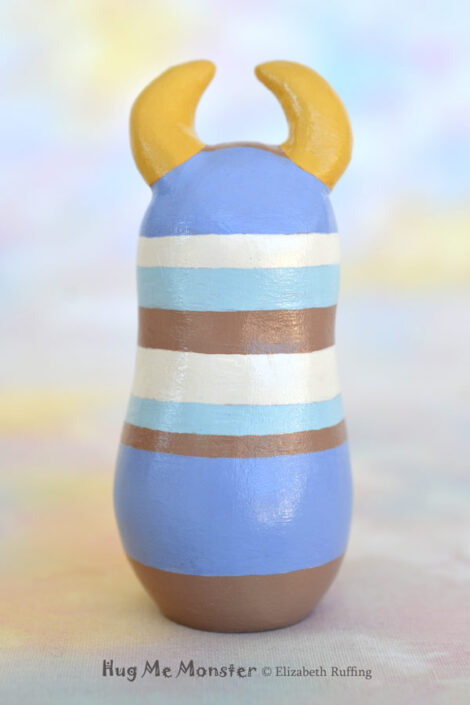 Hug Me Monster art doll figurine, tan and blue striped, Durwin handmade by artist Elizabeth Ruffing