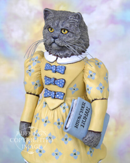 An anthropomorphic Blue Persian cat with a blue-flowered yellow dress holds a book called Know Your Human