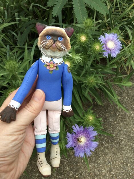 Himalayan cat art doll in a deep blue painted blouse with a pink flower at the neck, and pink painted bloomers with striped blue socks. 