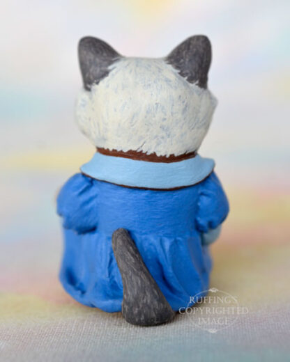 A bi-color ragdoll kitten in a blue dress with a light blue collar back view
