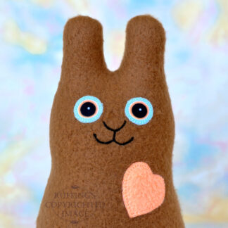 Original Hug Me Bunny, Stuffed Animal Plush Art Toy, Coffee Brown Fleece, Orange Heart, Personalized Tag, 9 inch by Elizabeth Ruffing